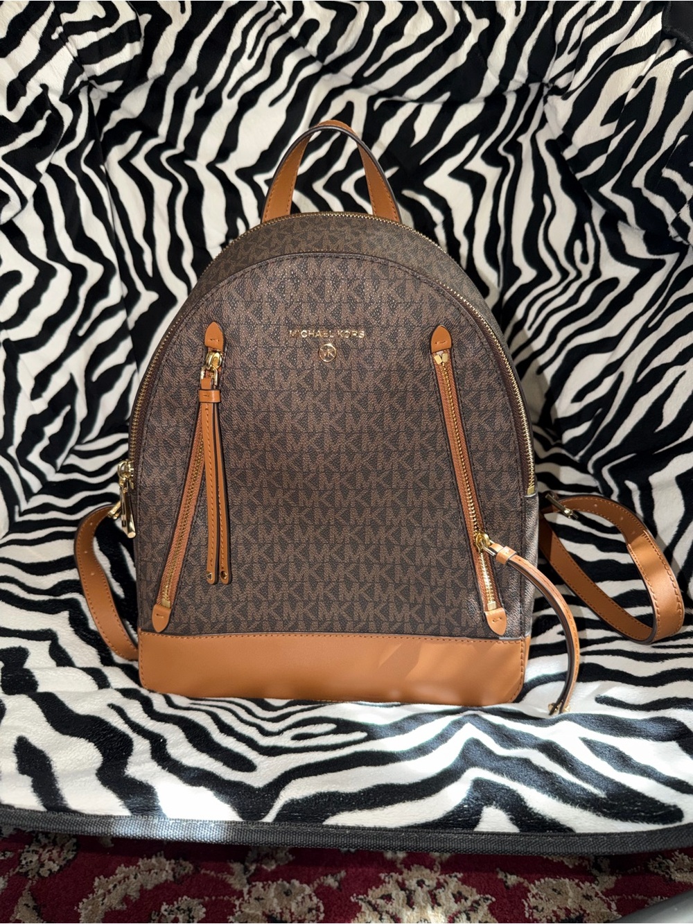 Michael Kors Brown Logo Backpack with Tan Leather Trim